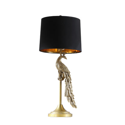 29 Inch Peacock Table Lamp, Gold Polyresin Sculpture, Black Drum Shade