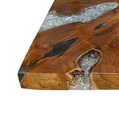 32 Inch Tabletop Platform, Square, Resin, Teak Wood, Brown and White Finish