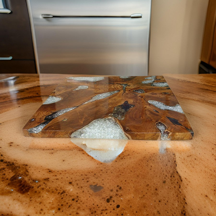 32 Inch Tabletop Platform, Square, Resin, Teak Wood, Brown and White Finish