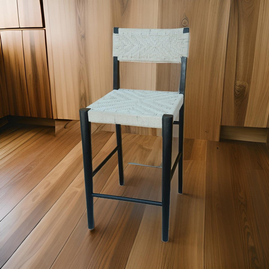 Cero 29 Inch Barstool Chair Set of 2, Wood, Cotton Woven, Brown, Gray