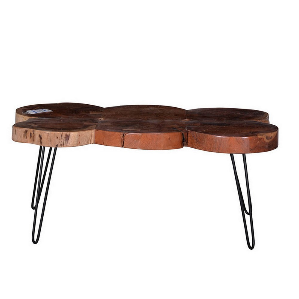 39 Inch Coffee Table, Acacia Wood Top, Angled Metal Support Legs, Brown