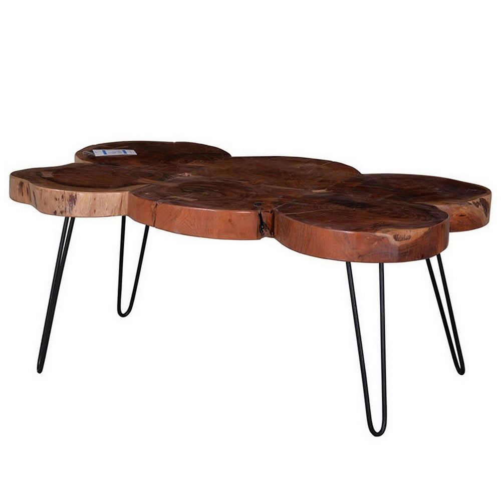 39 Inch Coffee Table, Acacia Wood Top, Angled Metal Support Legs, Brown