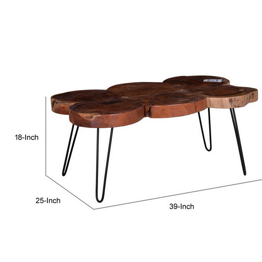 39 Inch Coffee Table, Acacia Wood Top, Angled Metal Support Legs, Brown
