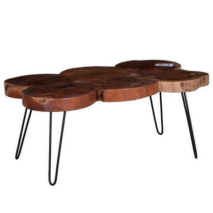 39 Inch Coffee Table, Acacia Wood Top, Angled Metal Support Legs, Brown