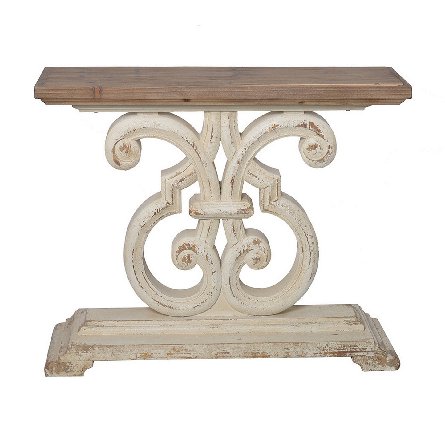43 Inch Sofa Console Table, Wide Top, Firwood Frame, White and Brown Finish