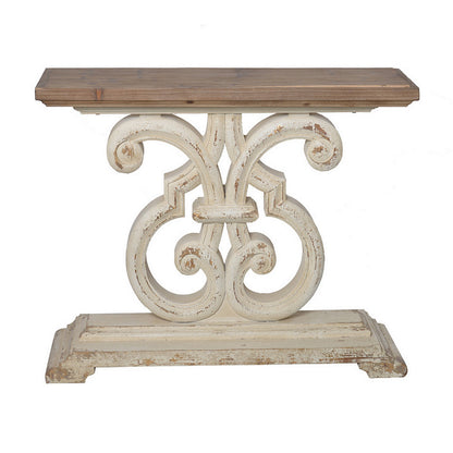 43 Inch Sofa Console Table, Wide Top, Firwood Frame, White and Brown Finish