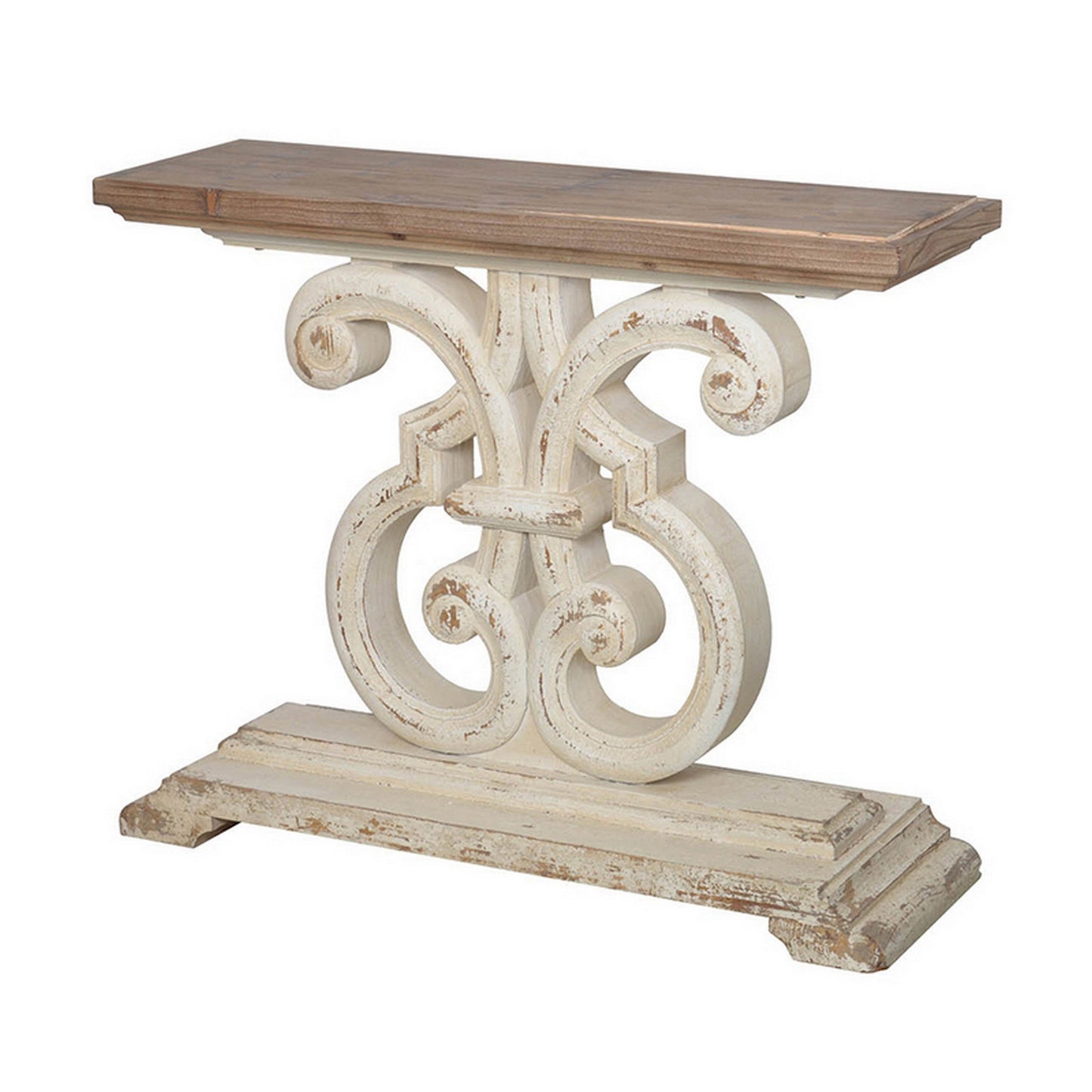 43 Inch Sofa Console Table, Wide Top, Firwood Frame, White and Brown Finish