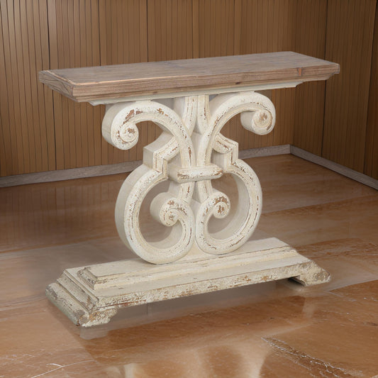 43 Inch Sofa Console Table, Wide Top, Firwood Frame, White and Brown Finish