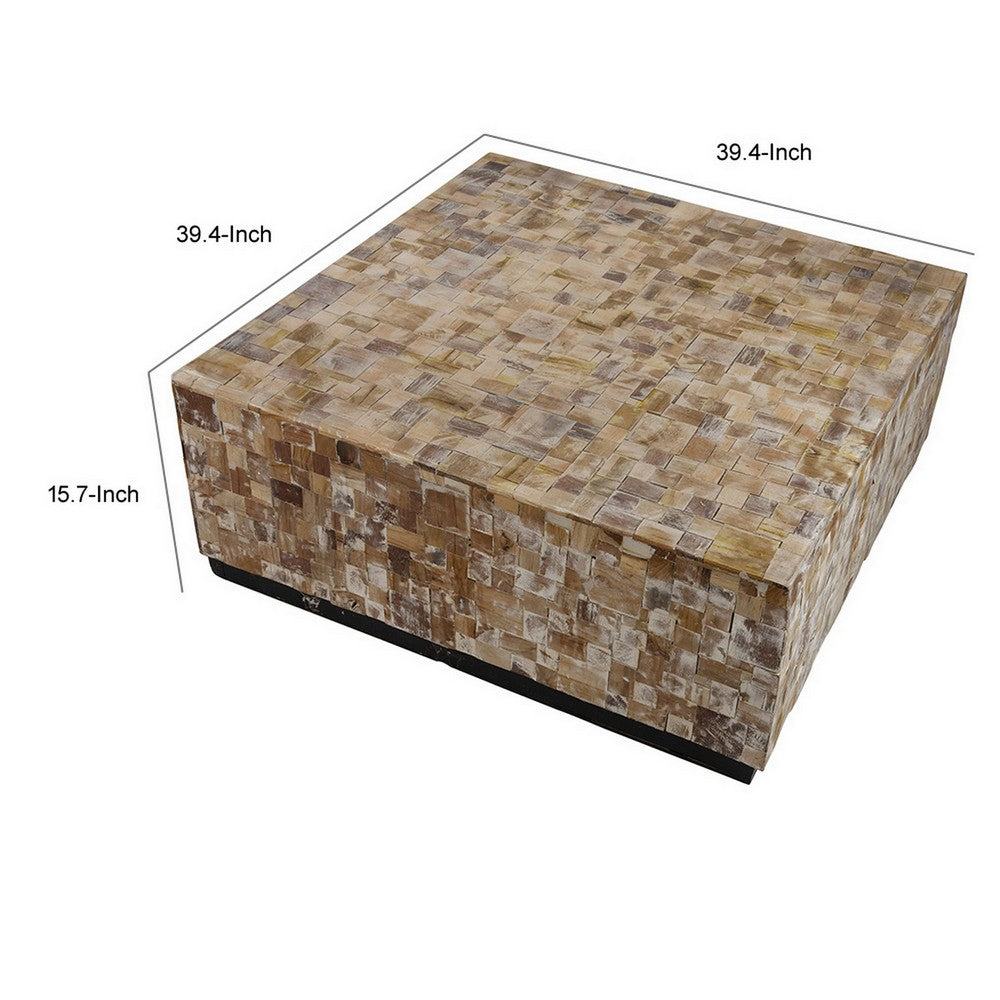 39 Inch Coffee Table, Square Shape Platform Base, Resin, Wood, Brown