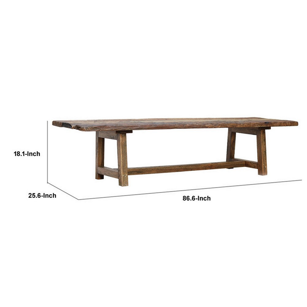 87 Inch Wood Coffee Table, Rectangular Top, Trestle Legs, Brown