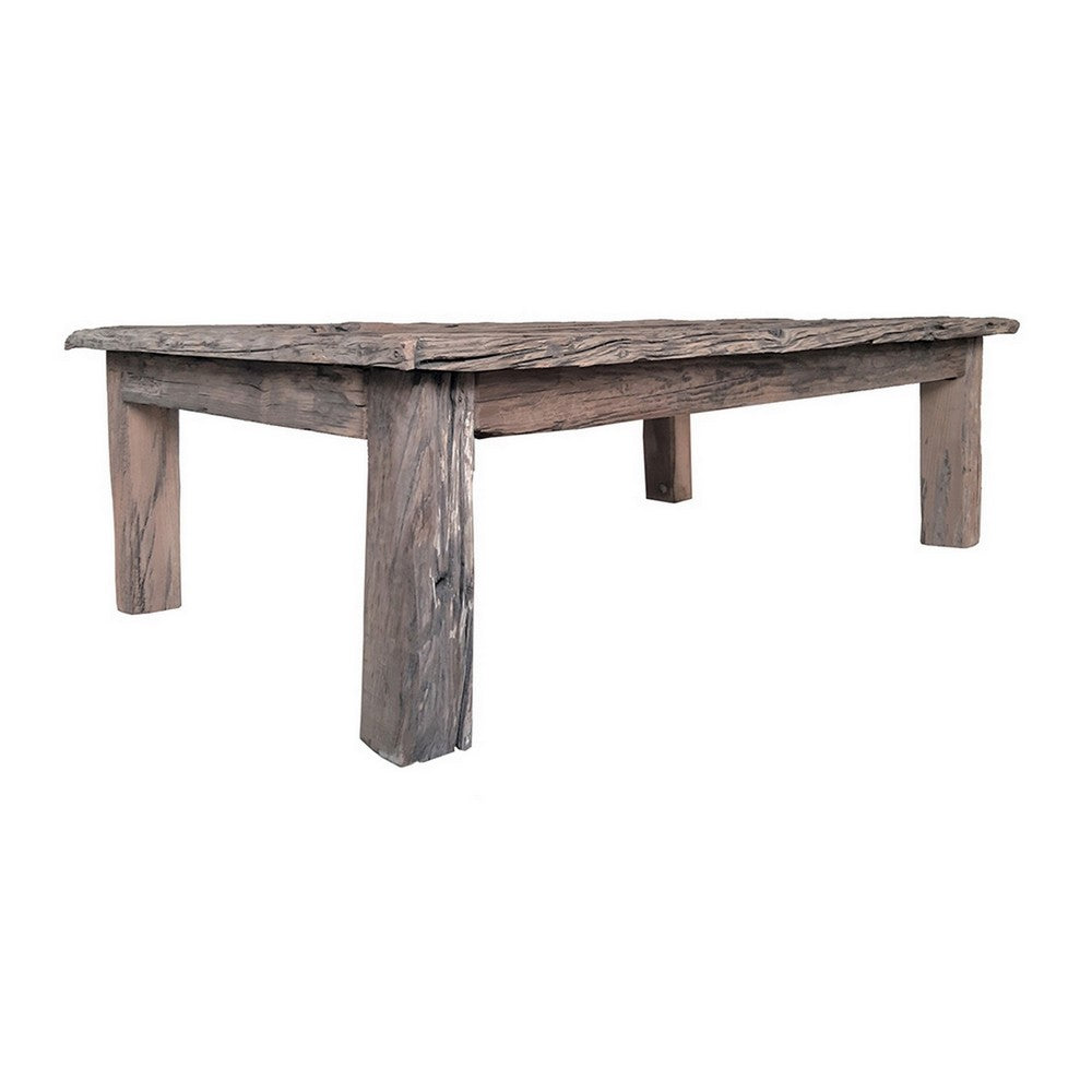 59 Inch Rustic Coffee Table, Rectangular Top, Old Antique Wood, Brown