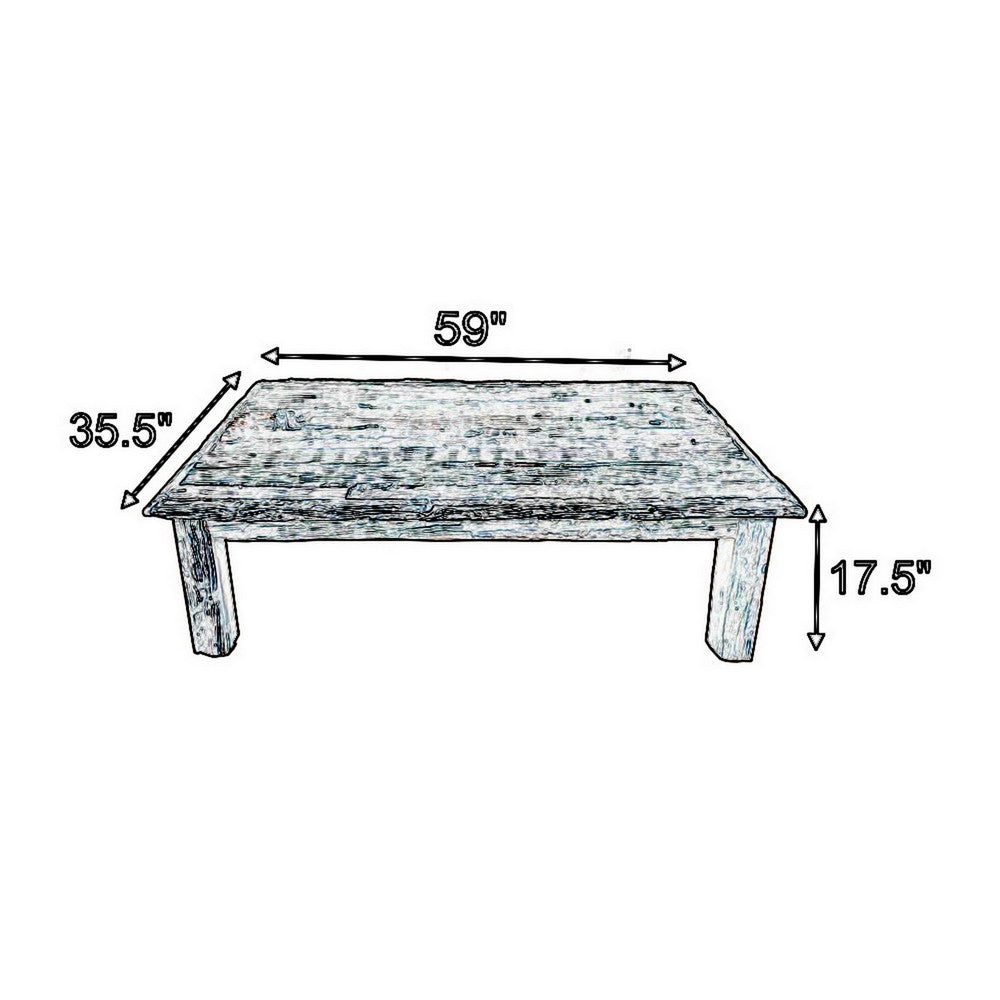 59 Inch Rustic Coffee Table, Rectangular Top, Old Antique Wood, Brown