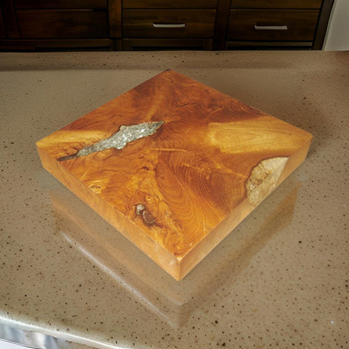 11 Inch Tabletop Platform, Resin Details, Square, Natural Brown Teak Wood