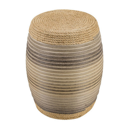 18 Inch Side Table, Drum Barrel Shape, Rattan Rope Top, Fir Wood, Brown