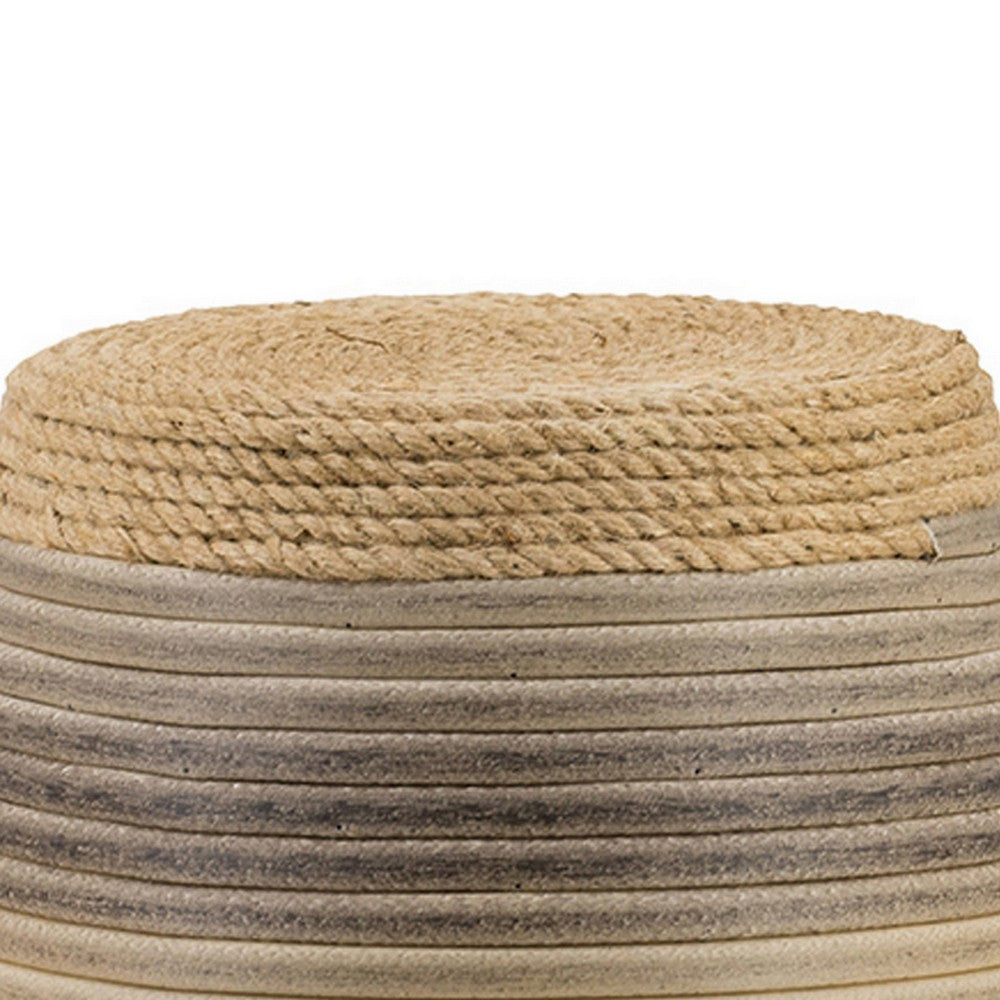 18 Inch Side Table, Drum Barrel Shape, Rattan Rope Top, Fir Wood, Brown