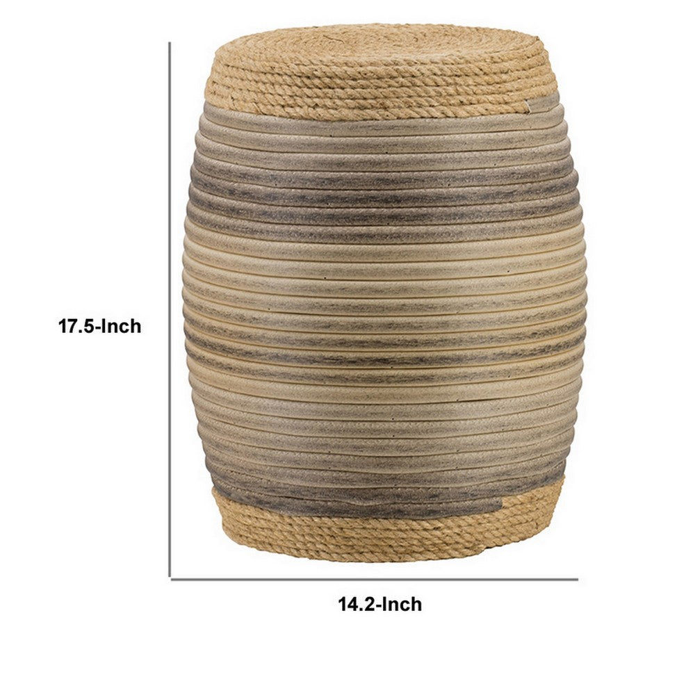 18 Inch Side Table, Drum Barrel Shape, Rattan Rope Top, Fir Wood, Brown