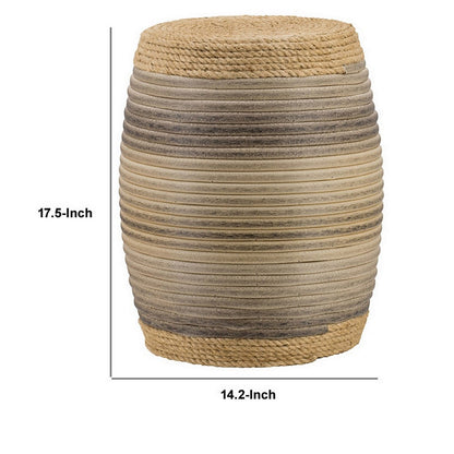 18 Inch Side Table, Drum Barrel Shape, Rattan Rope Top, Fir Wood, Brown