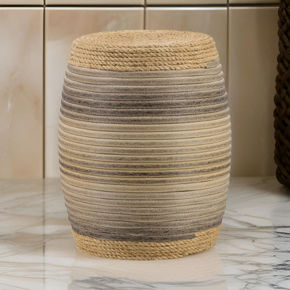 18 Inch Side Table, Drum Barrel Shape, Rattan Rope Top, Fir Wood, Brown