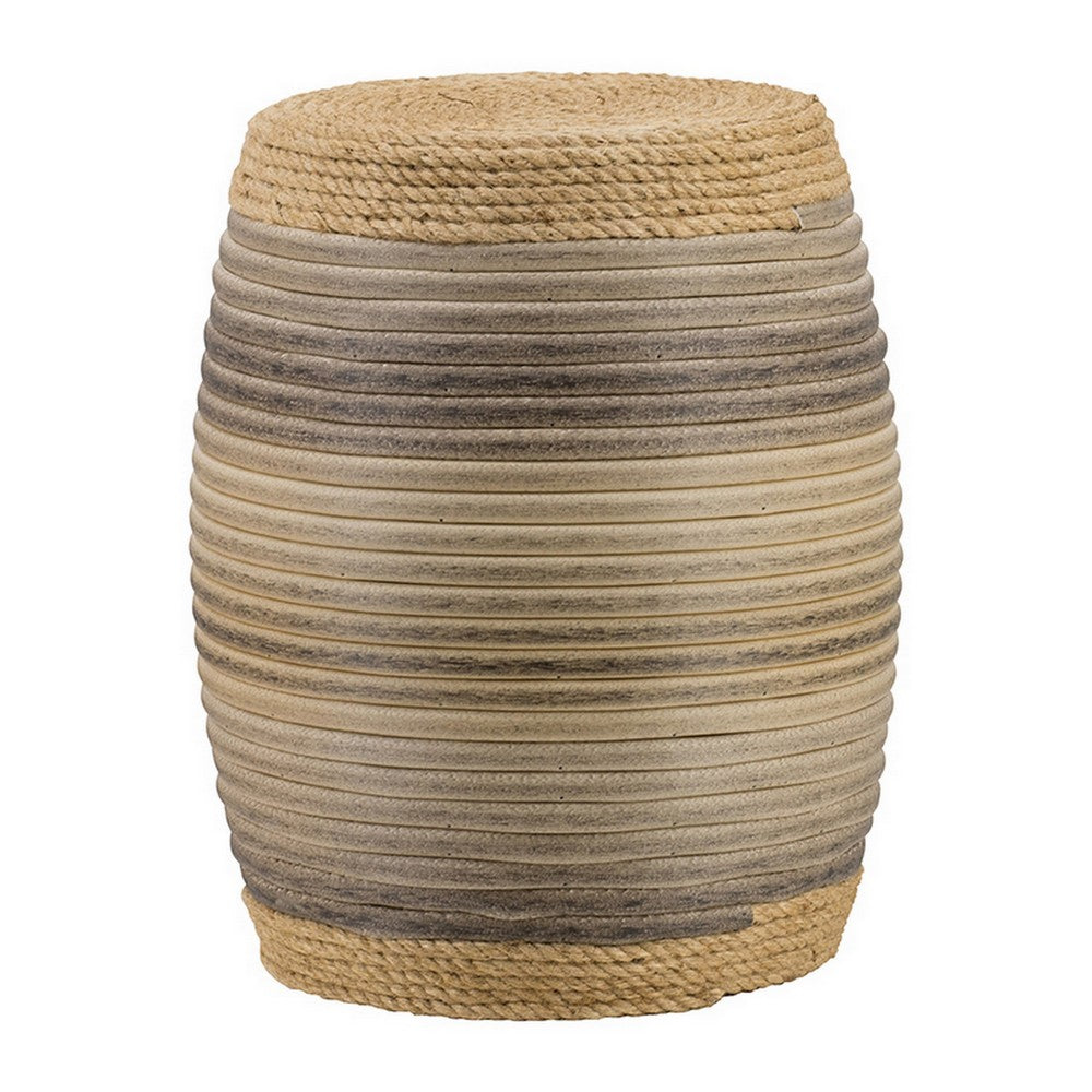 18 Inch Side Table, Drum Barrel Shape, Rattan Rope Top, Fir Wood, Brown