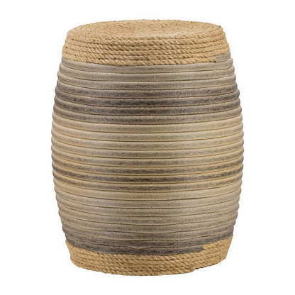 18 Inch Side Table, Drum Barrel Shape, Rattan Rope Top, Fir Wood, Brown