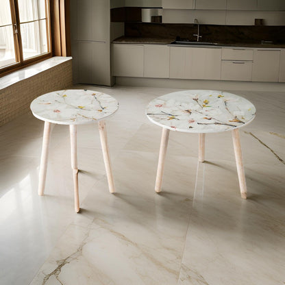 Byle 16, 20 Inch Side Table Set of 2, Floral Design, Cherry Blossom, Blue