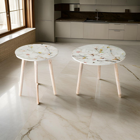 Byle 16, 20 Inch Side Table Set of 2, Floral Design, Cherry Blossom, White