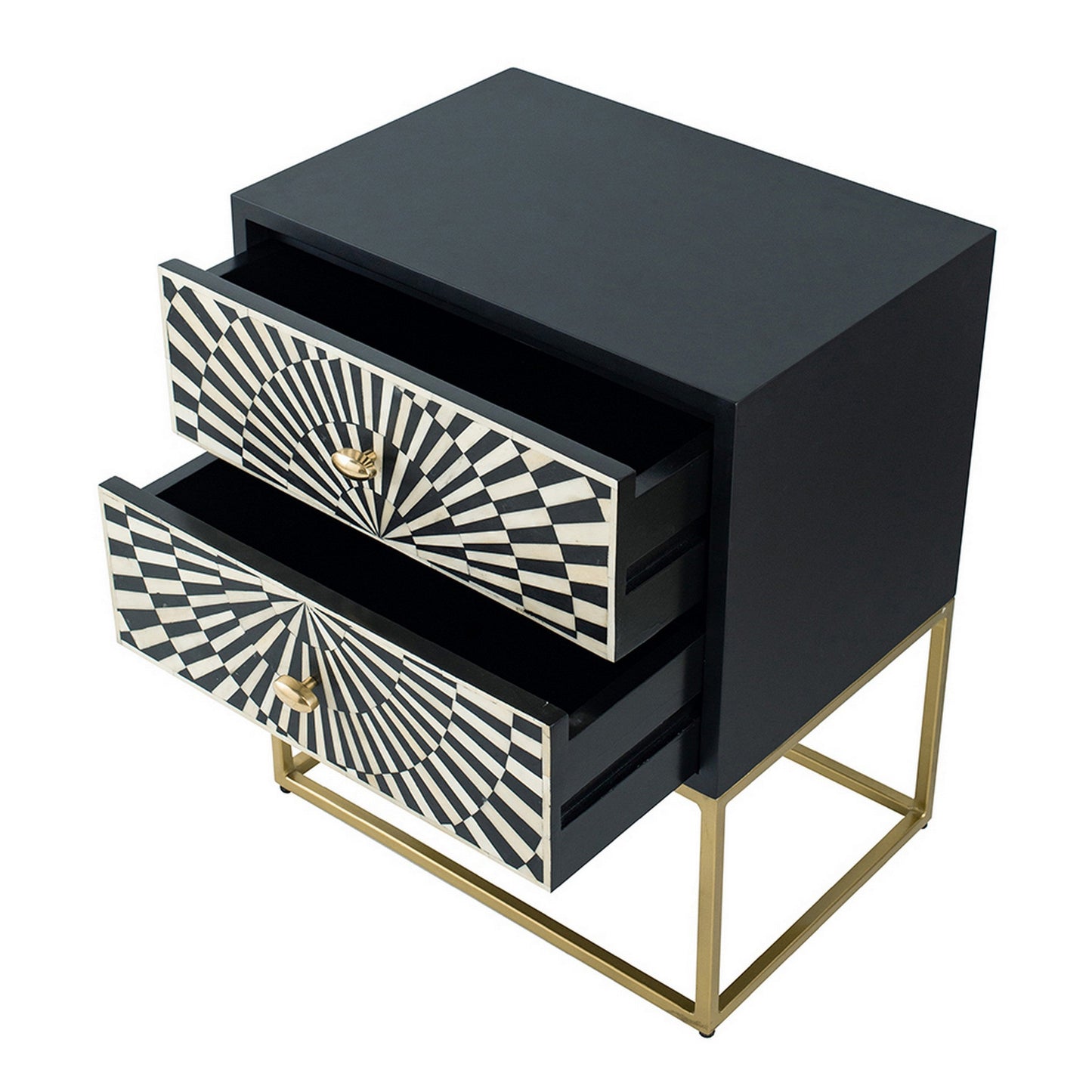 24 Inch Sideboard Cabinet, 2 Drawers, Sunray Bone Inlay, Iron, Brass, Black