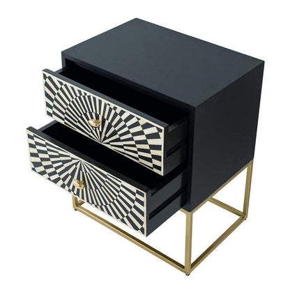 24 Inch Sideboard Cabinet, 2 Drawers, Sunray Bone Inlay, Iron, Brass, Black