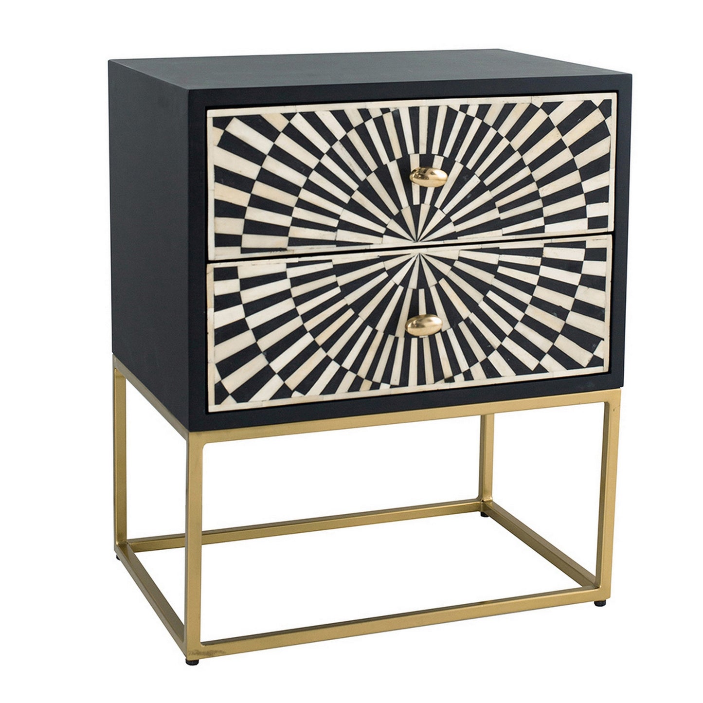 24 Inch Sideboard Cabinet, 2 Drawers, Sunray Bone Inlay, Iron, Brass, Black