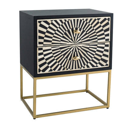 24 Inch Sideboard Cabinet, 2 Drawers, Sunray Bone Inlay, Iron, Brass, Black