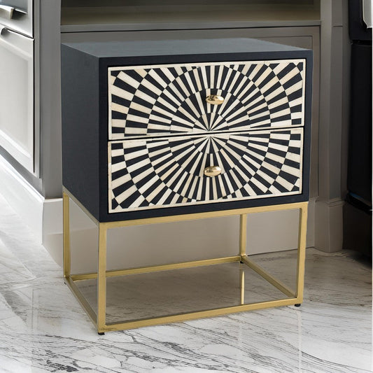 24 Inch Sideboard Cabinet, 2 Drawers, Sunray Bone Inlay, Iron, Brass, Black