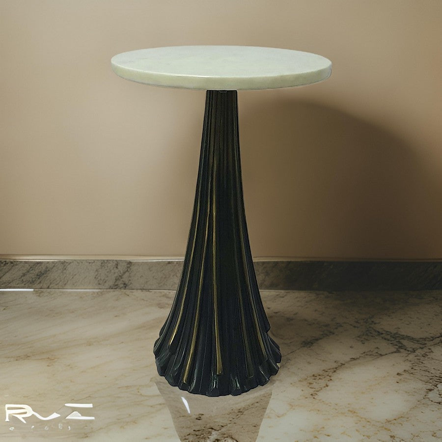 18 Inch Side Drink Table, Tall Tassel Frame, Round Top, Metal, Black, White