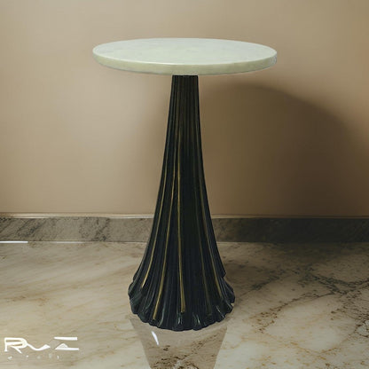 18 Inch Side Drink Table, Tall Tassel Frame, Round Top, Metal, Black, White