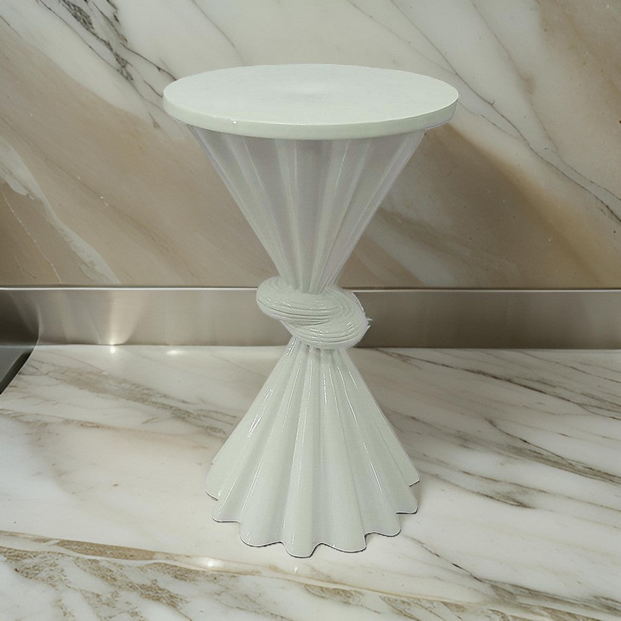 Aliy 19 Inch Side Drink Table, Artisan Knot Design, Round Top, White Metal
