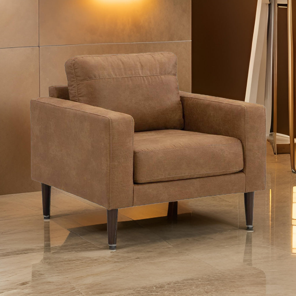 Tely Ottoman, Caramel Brown Faux Leather, Tapered Black Legs, 30 Inch