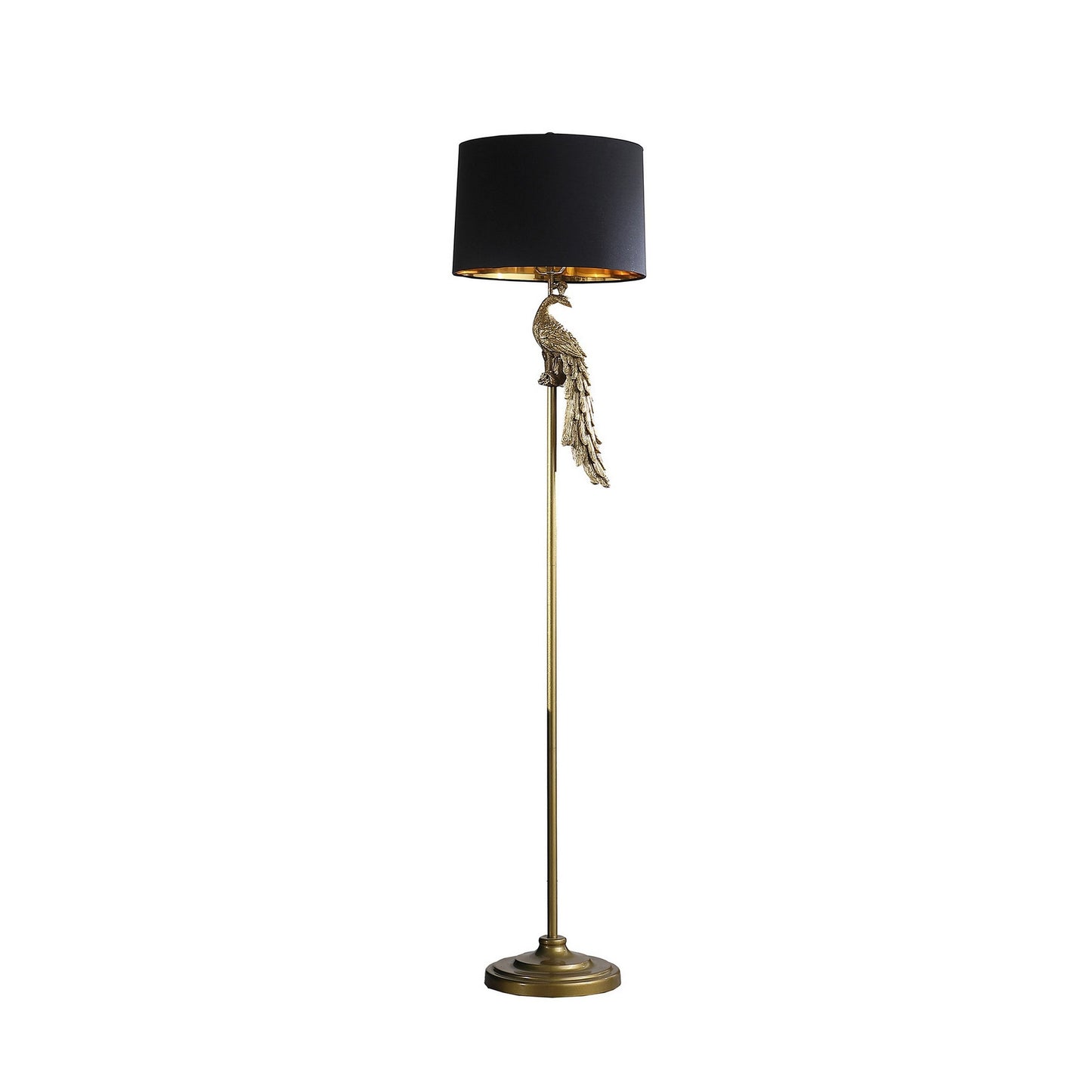 65 Inch Floor Lamp, Peacock, Linen Drum Shade, Pedestal Branch, Gold Finish