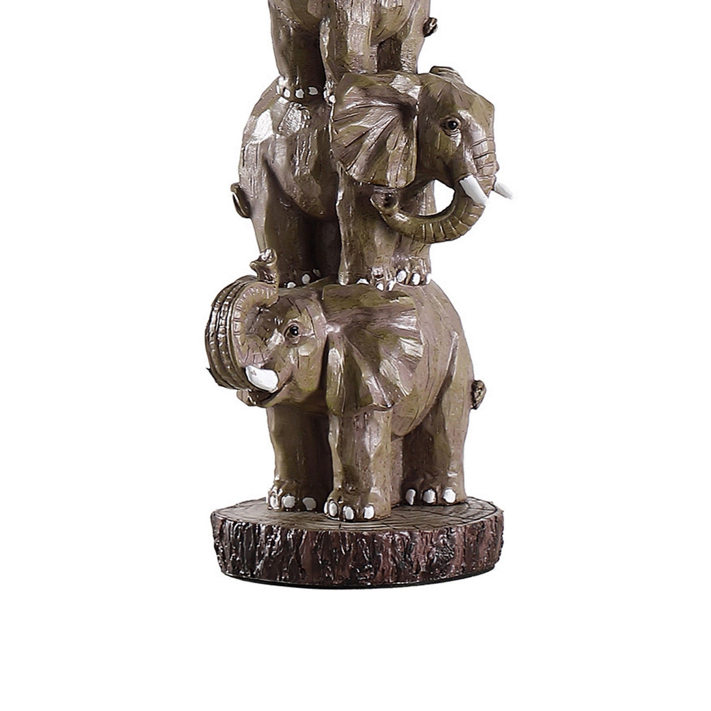 21 Inch Accent Table Lamp, 3 Stacked Elephants, Linen Bell Shade Brown Gray