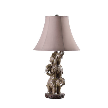 21 Inch Accent Table Lamp, 3 Stacked Elephants, Linen Bell Shade Brown Gray