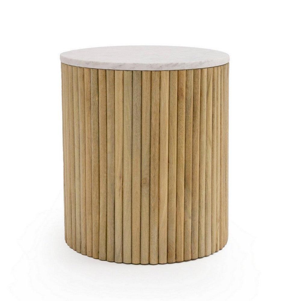 Cid Jolie 18 Inch Side End Table, White Marble Top, Brown Mango Wood Base