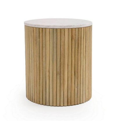 Cid Jolie 18 Inch Side End Table, White Marble Top, Brown Mango Wood Base
