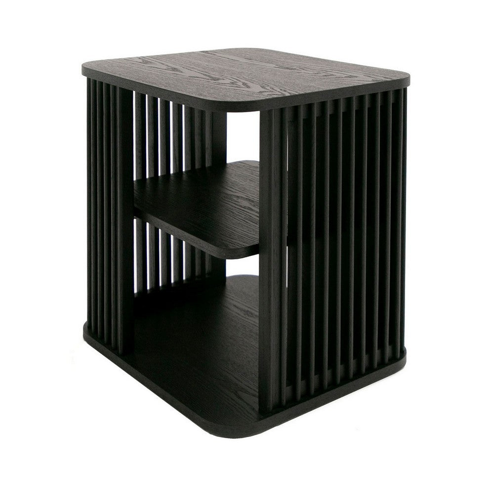 19 Inch Side End Table, 3 Shelves, Modern Vertical Slats, Black Ash Wood