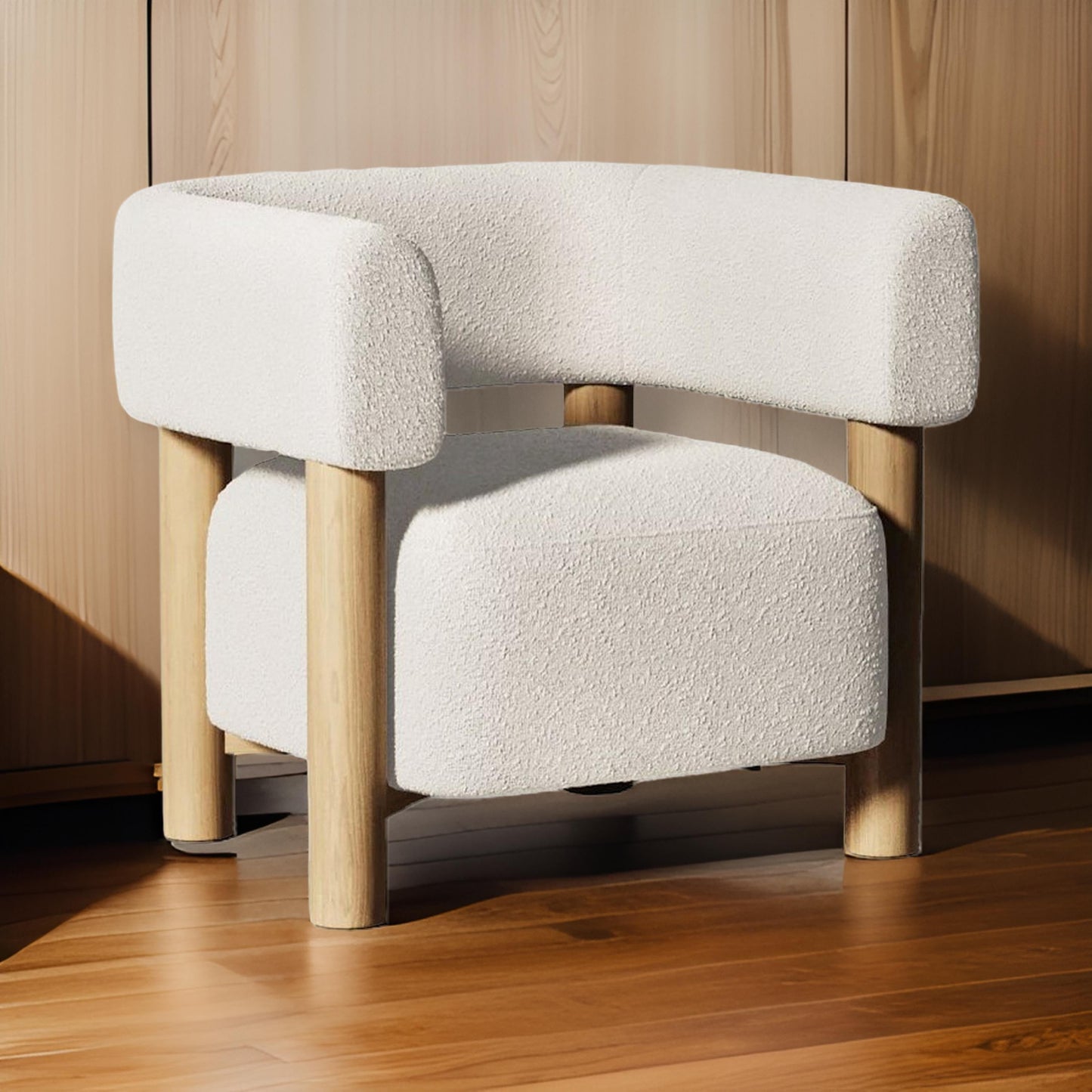 31 Inch Accent Chair, Modern Brown Wood Frame, White Fabric Upholstery