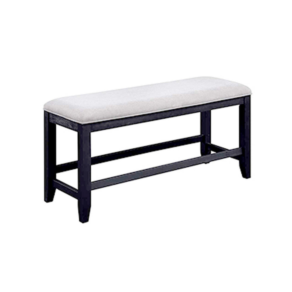 Edward 48 Inch Counter Height Dining Bench, White Fabric and Black Wood