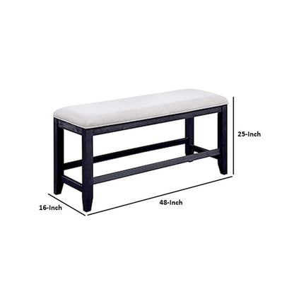 Edward 48 Inch Counter Height Dining Bench, White Fabric and Black Wood