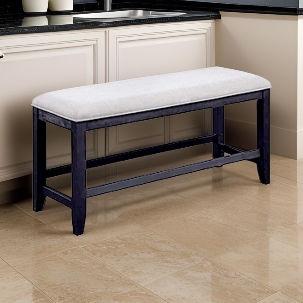 Edward 48 Inch Counter Height Dining Bench, White Fabric and Black Wood