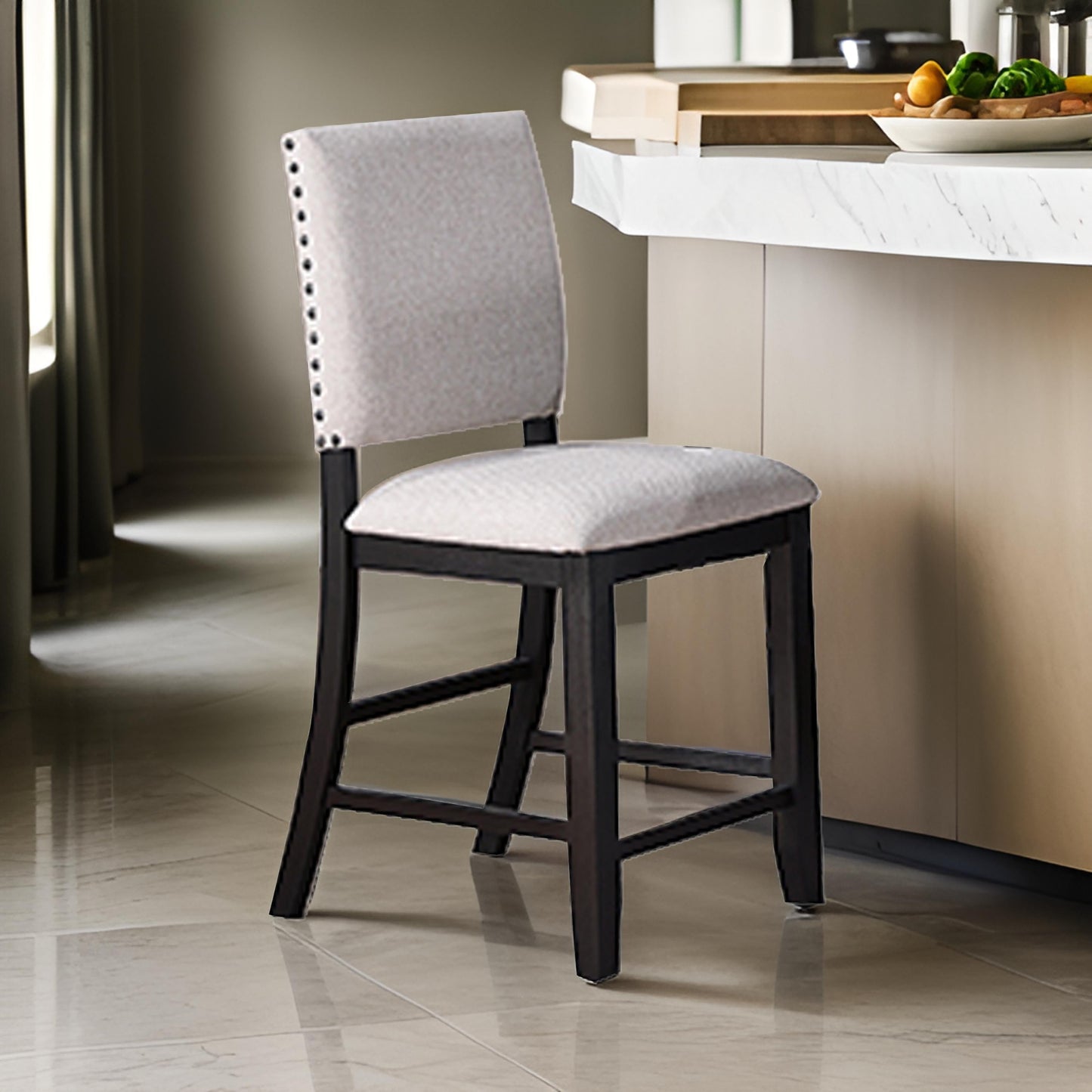 Edward 24 Inch Counter Height Chair Set of 2, Black Wood, White Fabric