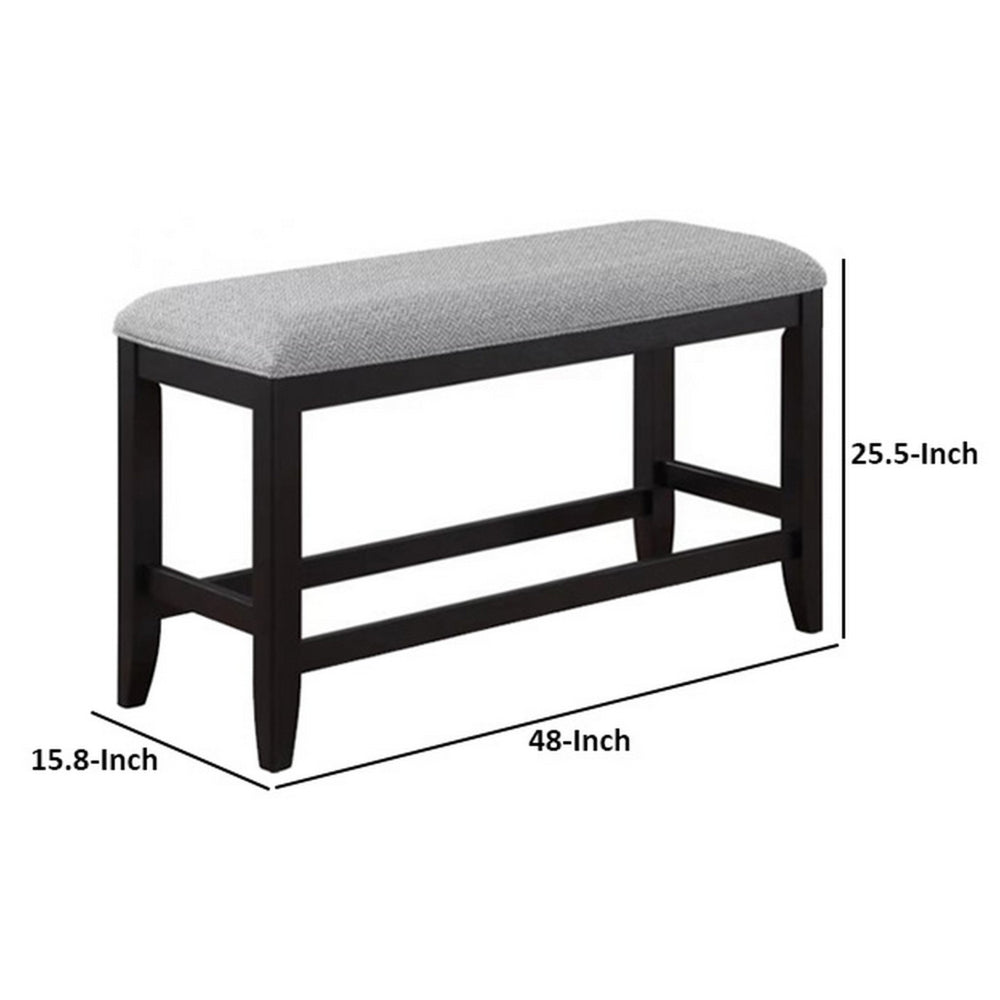 Patricia 48 Inch Counter Height Dining Bench, Black Wood and Gray Fabric