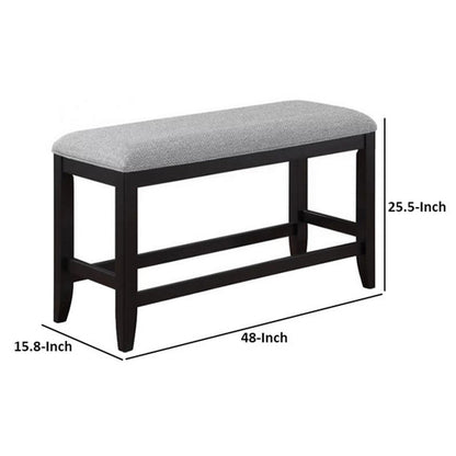 Patricia 48 Inch Counter Height Dining Bench, Black Wood and Gray Fabric