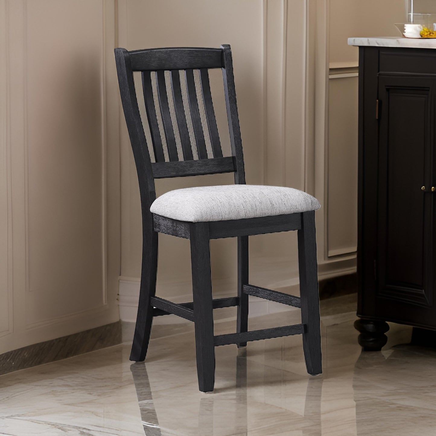 Patricia 42 Inch Counter Height Chair Set of 2, Black Wood, Light Gray