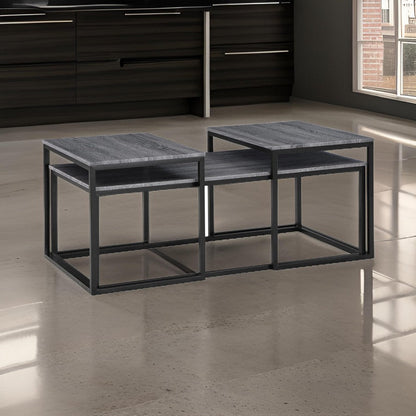 Rebecca 3pc Nesting Coffee and End Table Set, Black Metal, Gray Wood Top